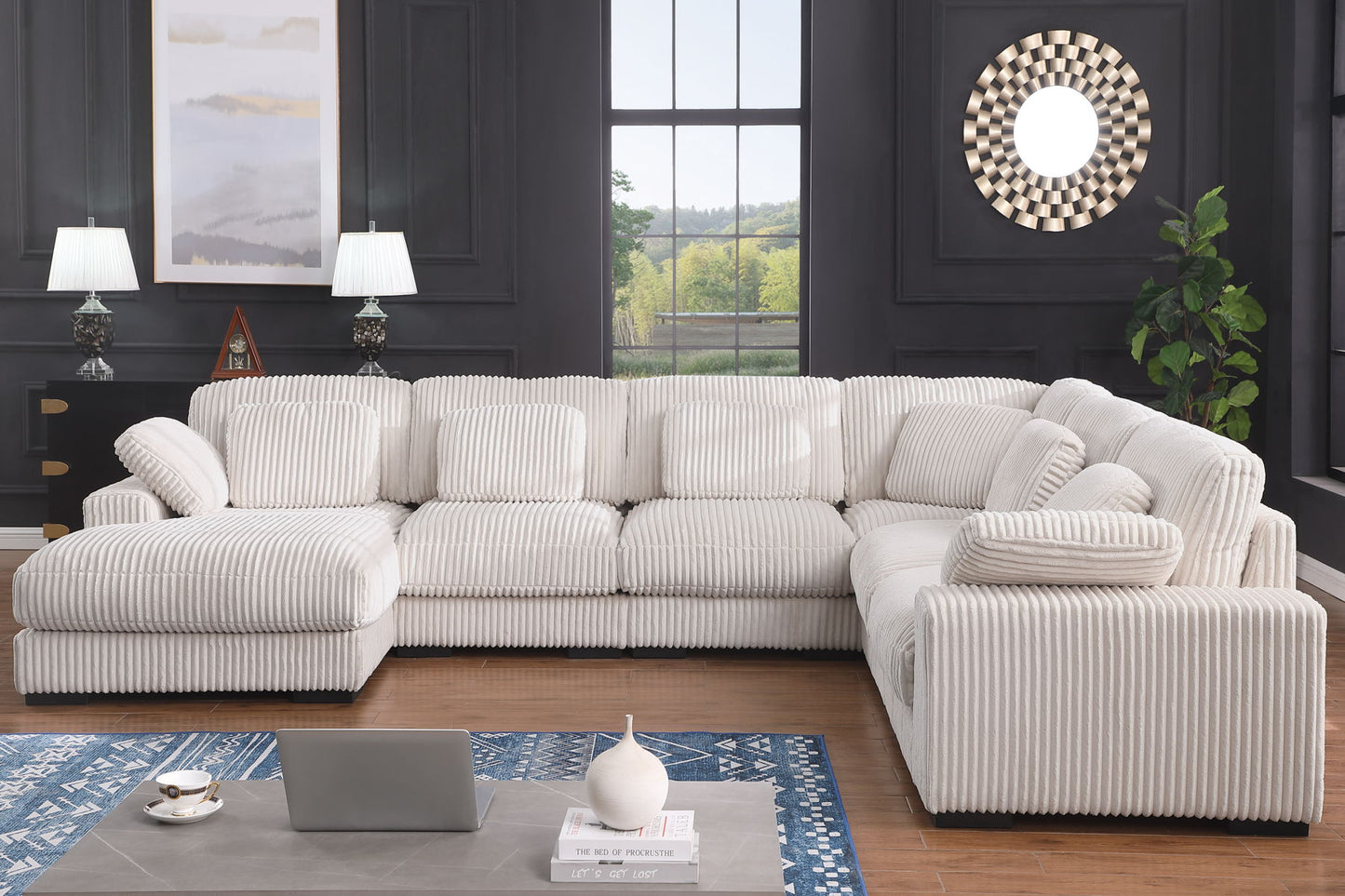 Nadine - 155.5"W Beige Corduroy Corner Sectional Sofa With Left-Facing Chaise