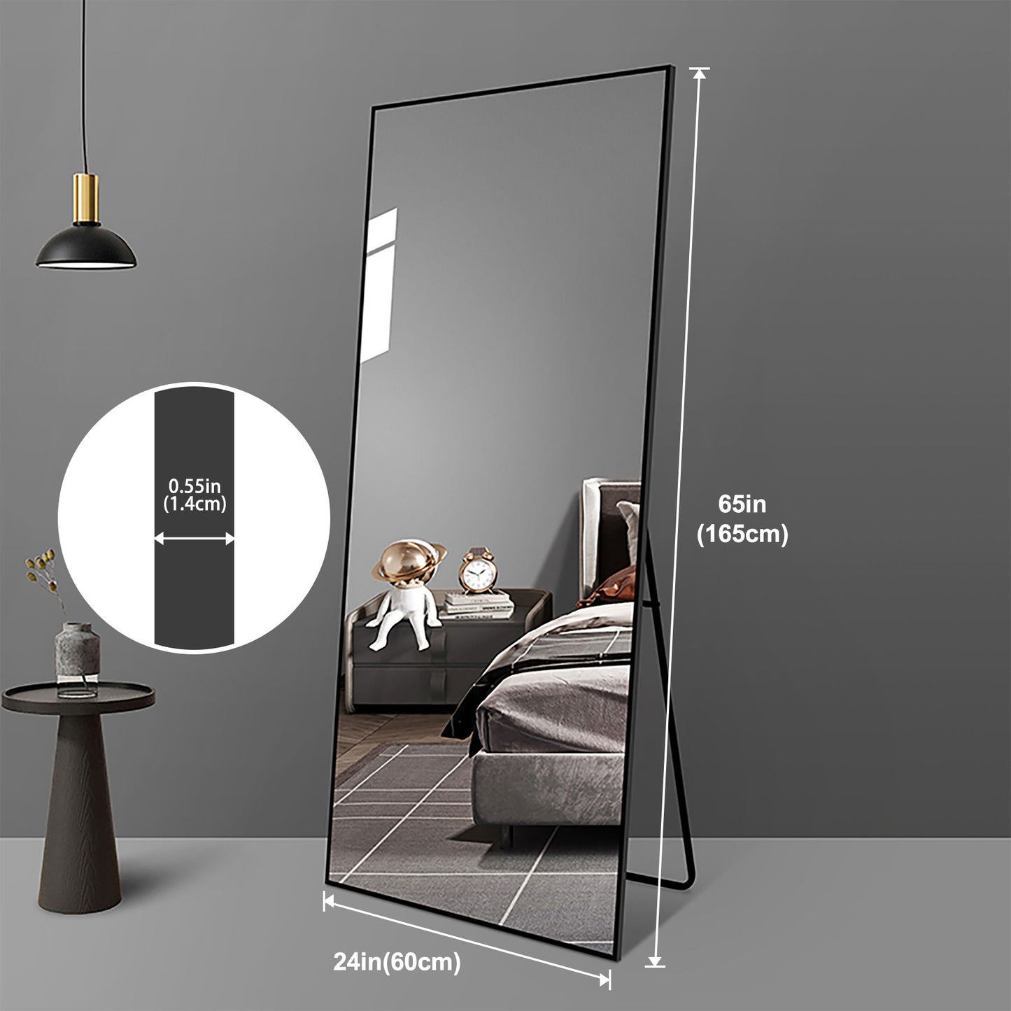 Floor Mirror Full Length Mirror Ultra Thin Aluminum Alloy Frame Modern Style Standing / Hanging Mirror Wall Mounted - Black