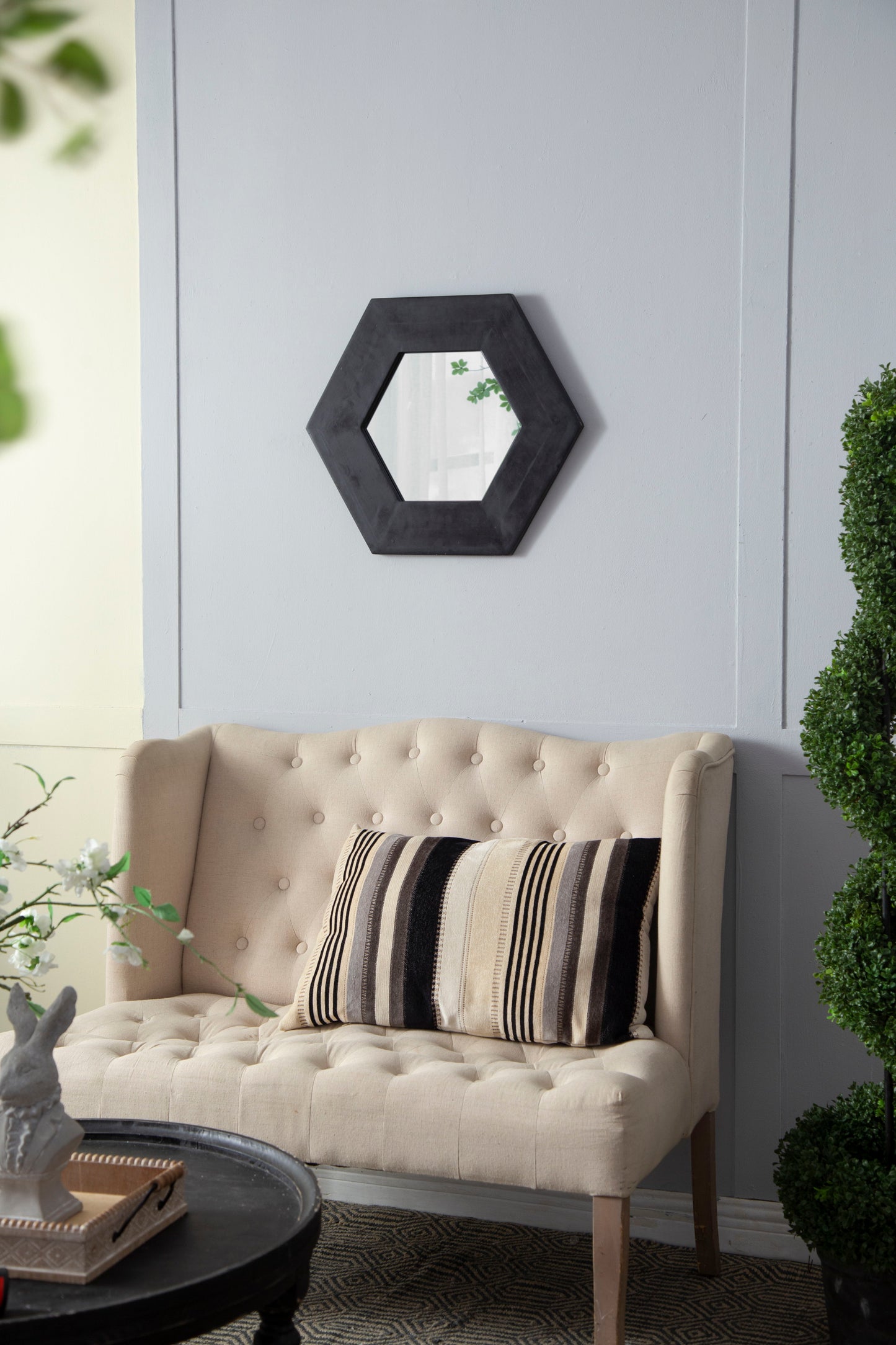 Hexagon Mirror With Natural Wood Frame, Wall Decor For Living Room Bathroom Hallway