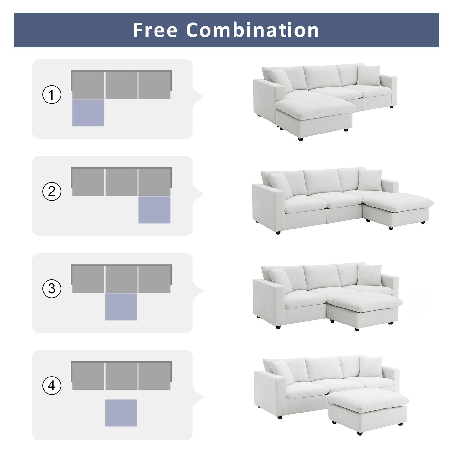 Modern Sectional Sofa, L-Shaped Couch Set With 2 Free Pillows, 4-Seat Polyester Fabric Couch Set With Convertible Ottoman For Living Room, Apartment, Office