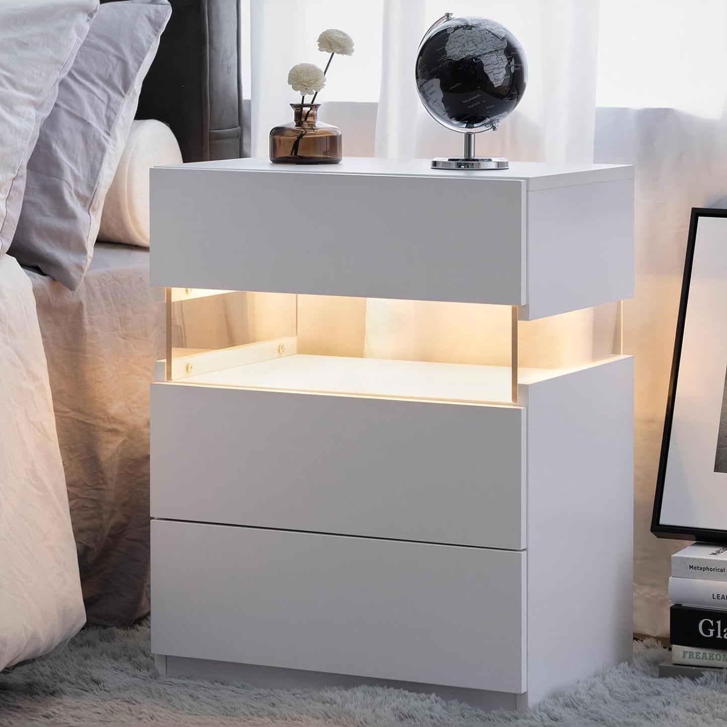 LED Nightstands 3 Drawer Dresser For Bedroom End Table With Acrylic Board LED Bedside Tables For Bedroom Living Room Bedside Furniture