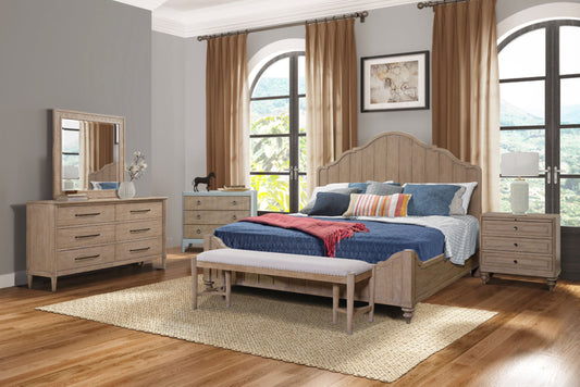 Panel Bedroom Set With 3 Drawer Nightstand, Casual Dresser, Cane Mirror, 3 Drawer Cane Front Chest And Bench