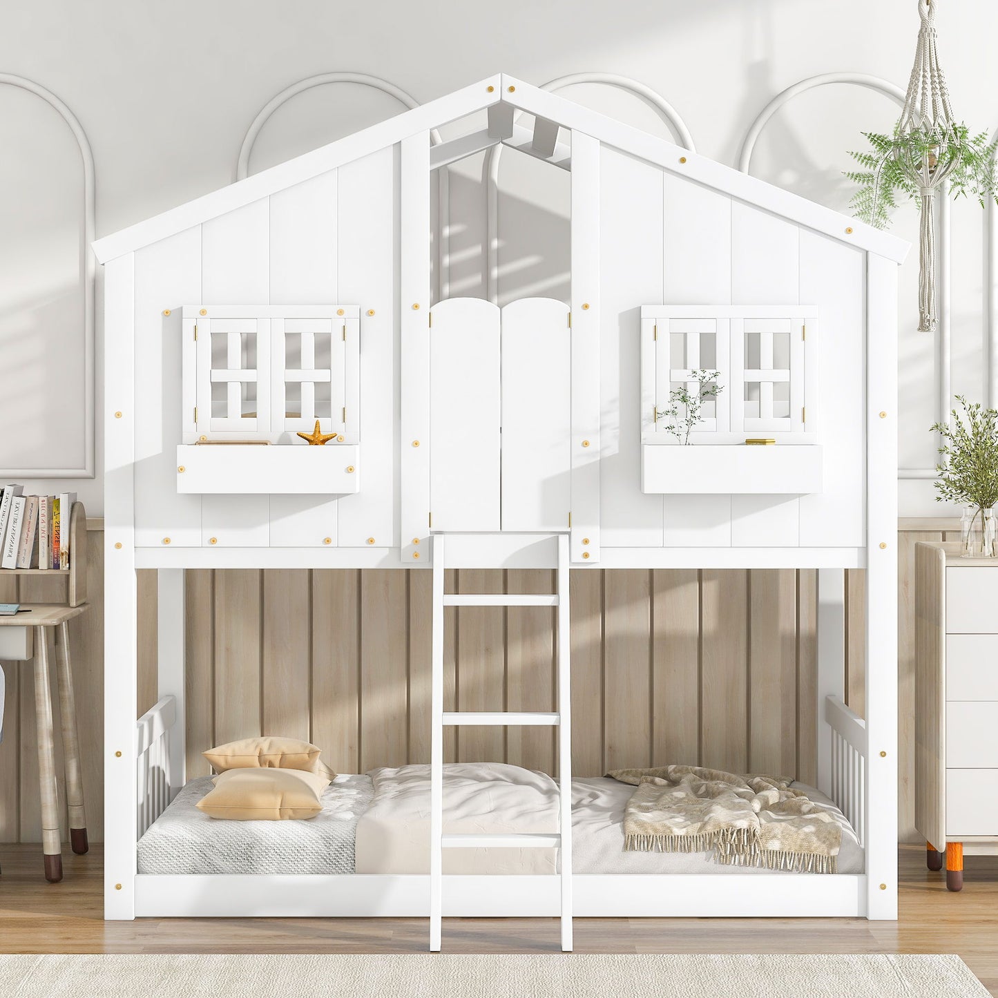 House Bunk Bed With Roof, Window, Window Box, Door, With Safety Guardrails And Ladder