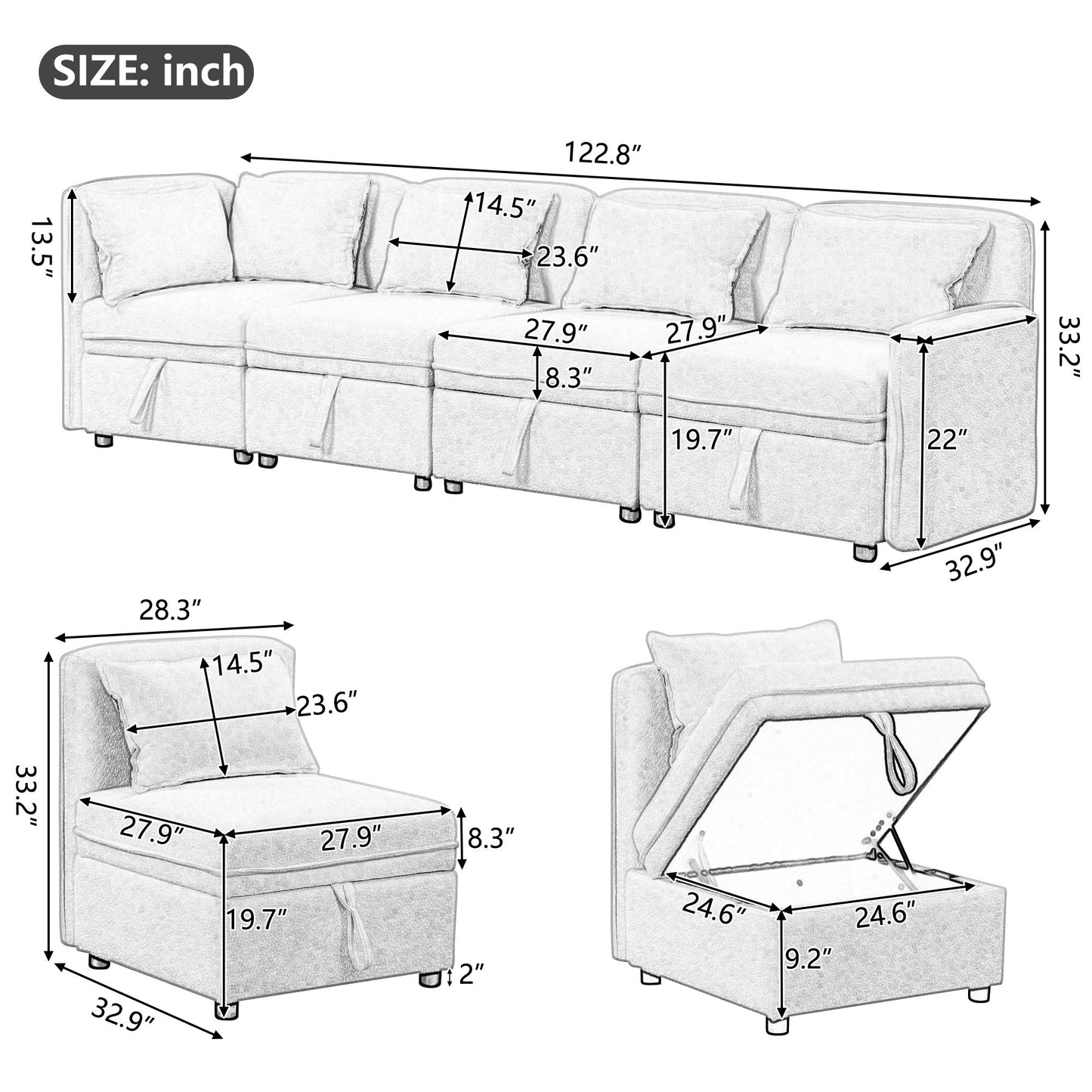 Convertible Modular Minimalist Sofa Free Combination 4 Seater Sofa Chenille Sectional Sofa With 5 Pillows For Living Room, Office, Apartment, Small Space