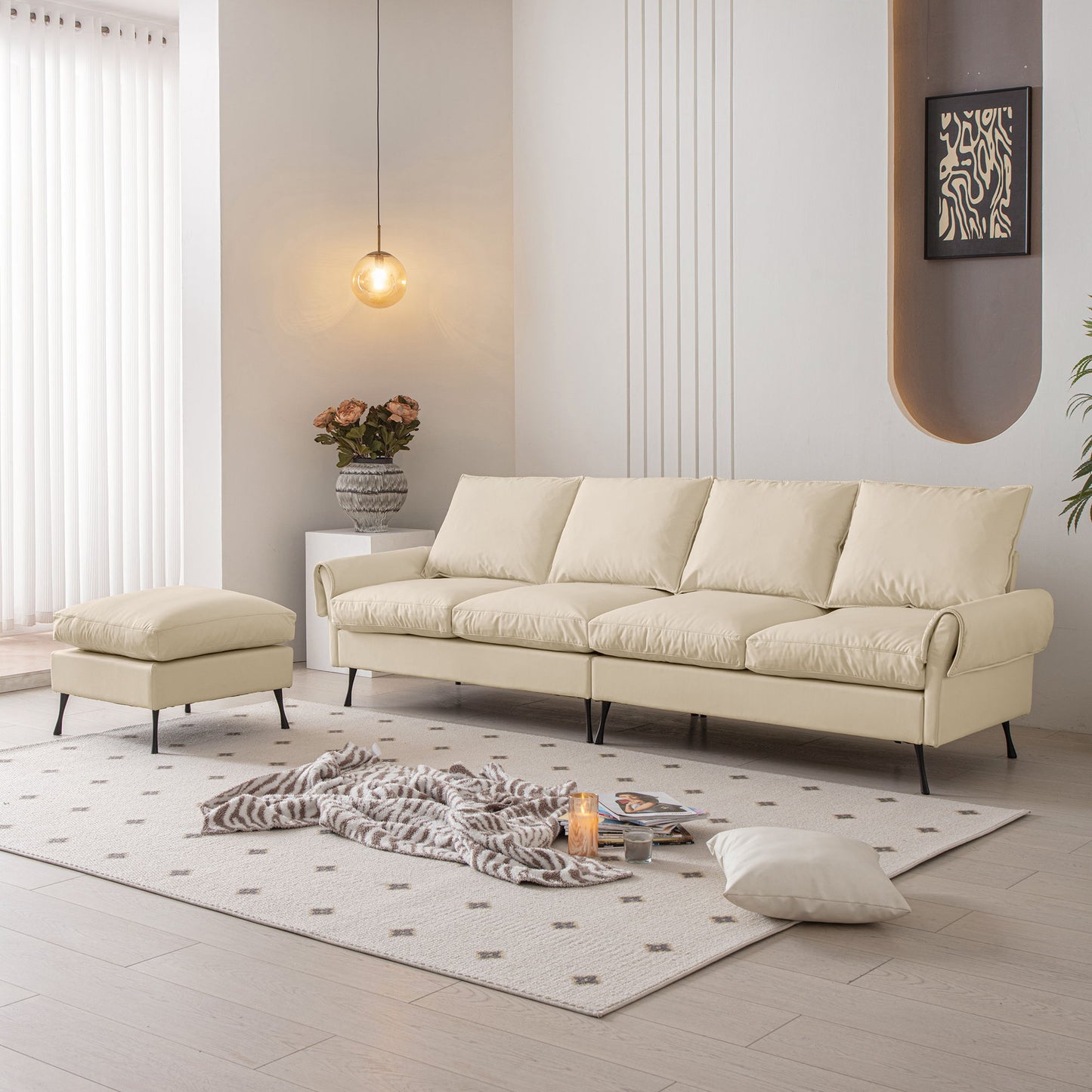 Modern Sectional Technical Leather L-Shaped Sofa Couch With Convertible Ottoman