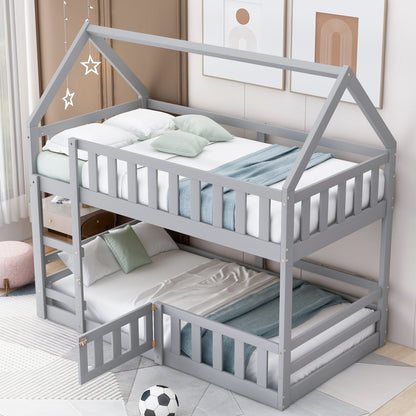 Twin Over Twin House Bunk Bed With Fence And Door - Gray