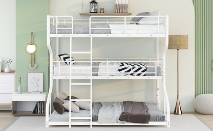 Full Long Over Twin Long Over Queen Size Triple Bunk Bed With Long And Short Ladder - White