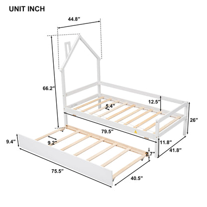 House Wooden Daybed With Trundle, House-Shaped Headboard Bed With Guardrails