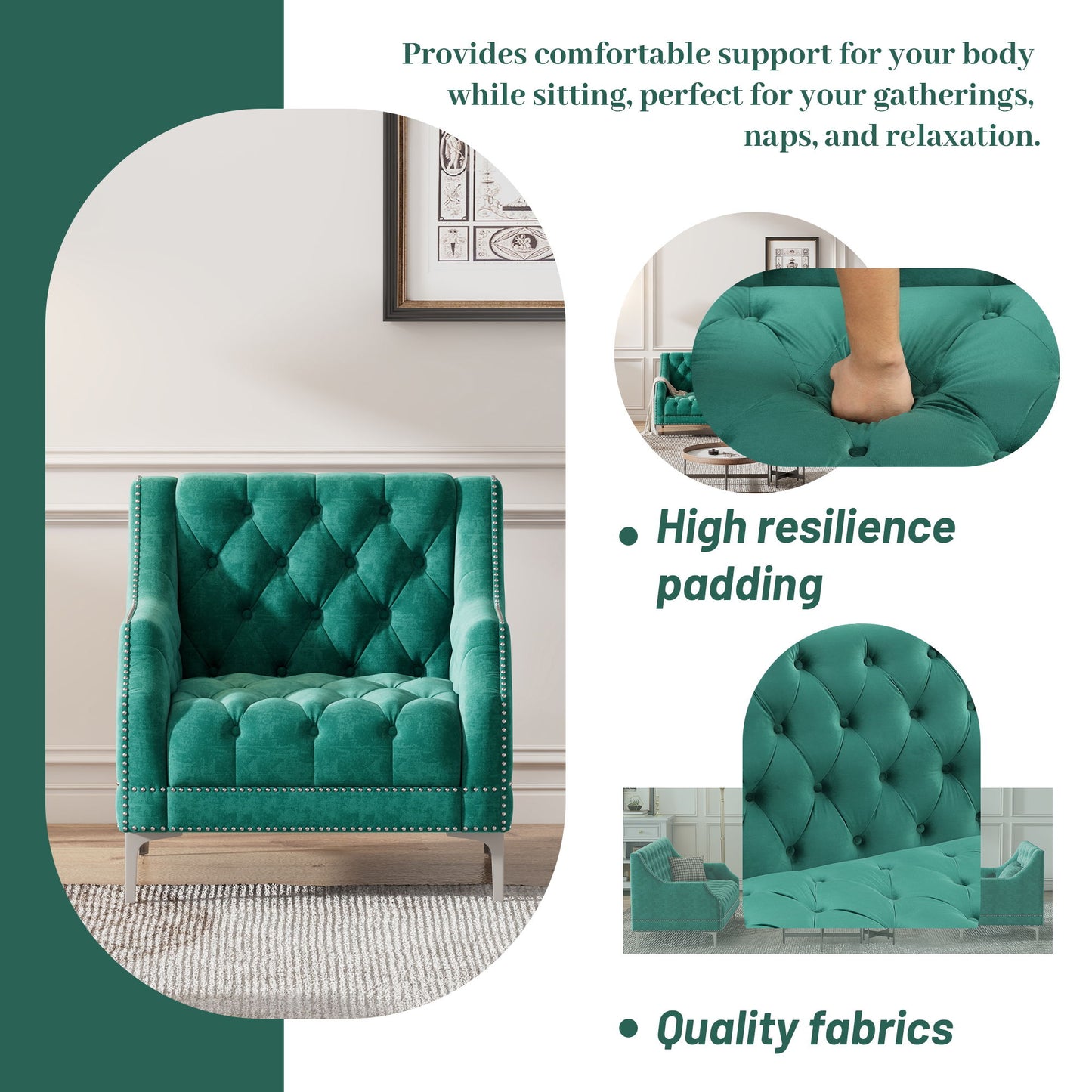 Modern Sofa Dutch Plush Upholstered Sofa With Metal Legs, Button Tufted Back - Green