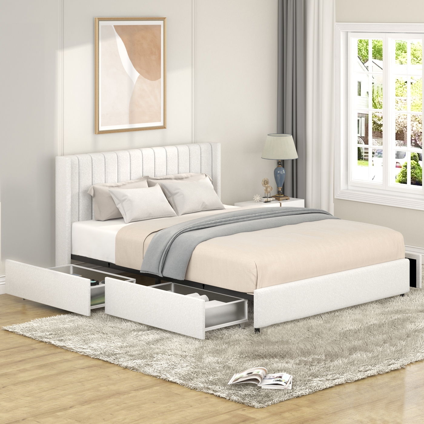 Anda - Boucle Upholstered Platform Bed With Patented Drawers Storage - Ivory