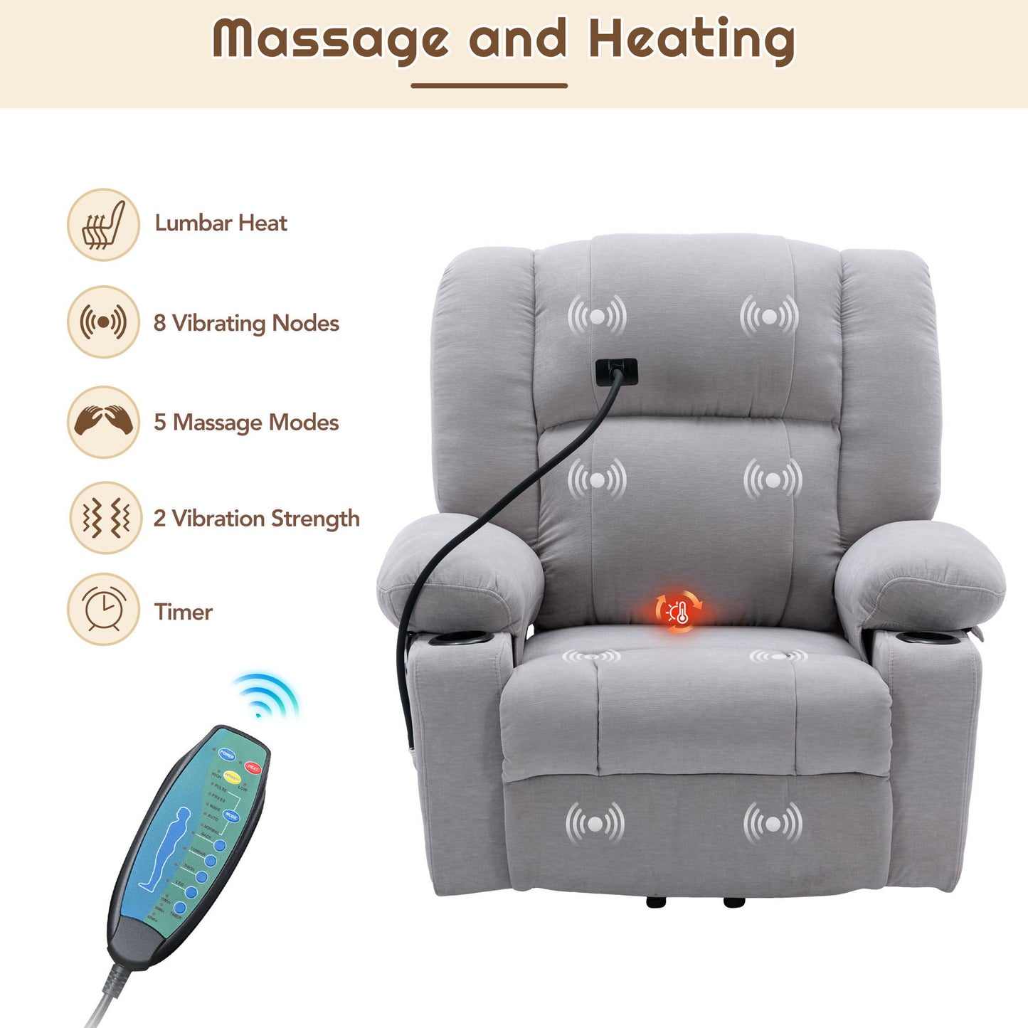 Power Lift Recliner Chair Electric Recliner For Elderly Recliner Chair With Massage And Heating Functions, Remote, Phone Holder Side Pockets And Cup Holders For Living Room