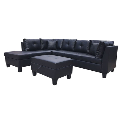 3 Piece Sofa With Left Chaise Lounge And Storage Ottoman, 2 Throw Pillows - Black