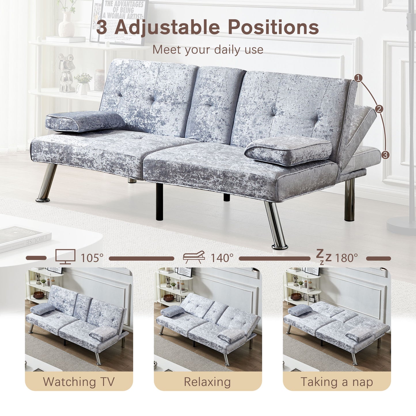 Sofa Bed, Loveseat Futon Sofa Bed With Removable Armrests, Adjustable Reliner Guest Bed Daybed For Small Space, Cup Holders, 3 Angles