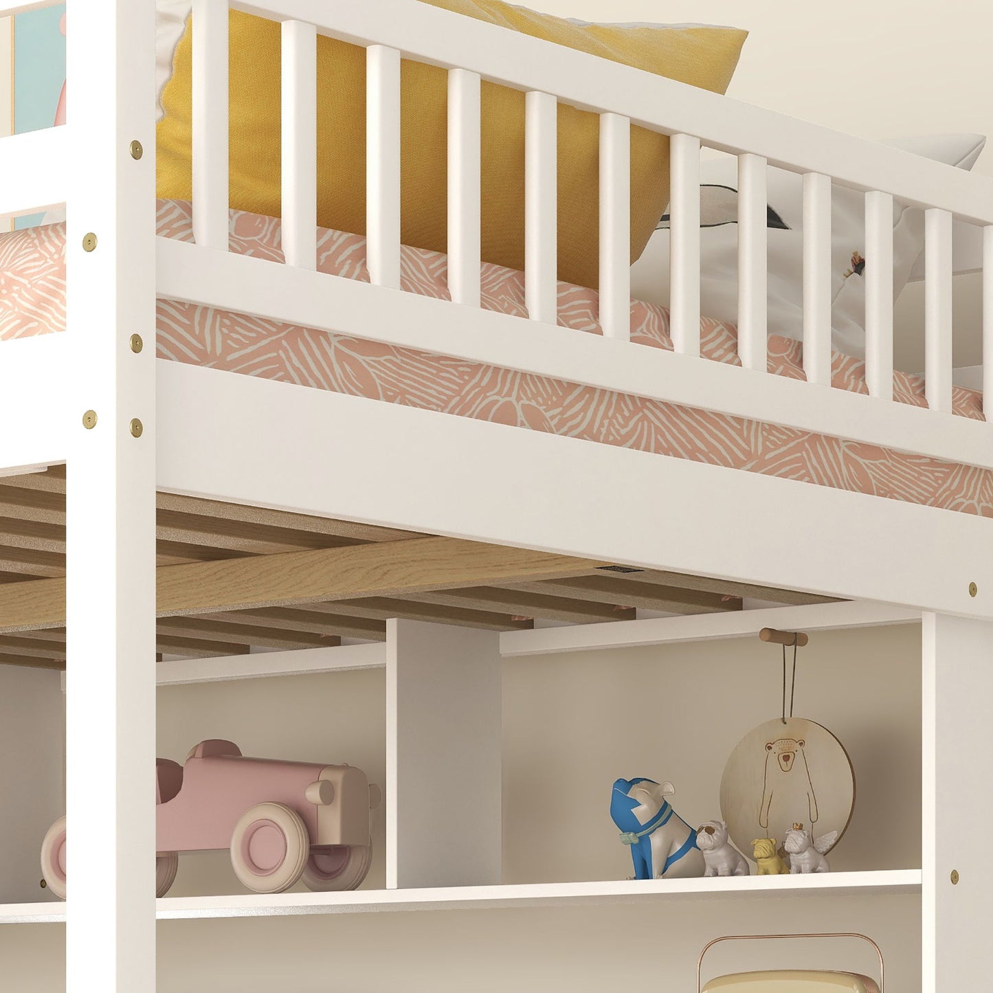 Full Size Loft Bed With Built-In Desk, Bookshelves And Storage Staircase - White