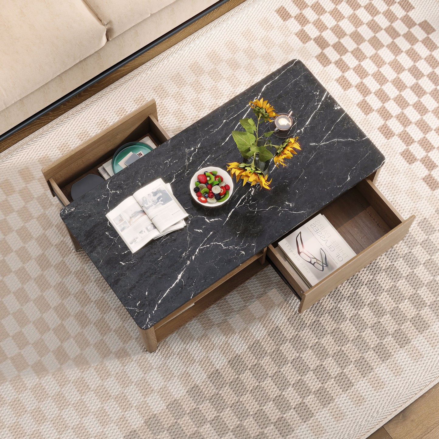 Modern Farmhouse Double Drawer Coffee Table For Living Room Or Office Marble Texture