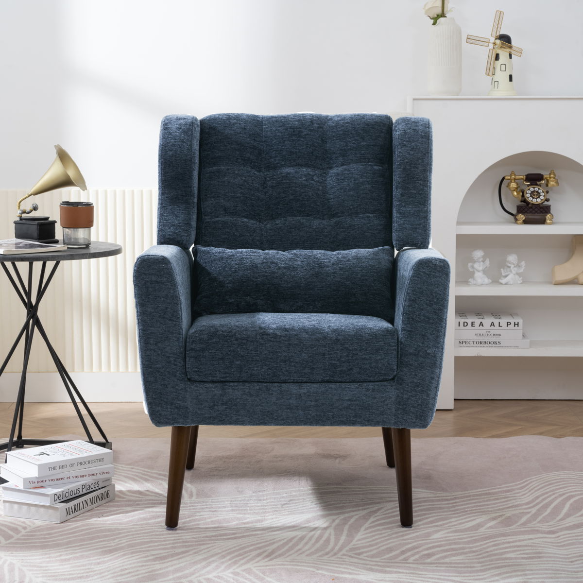 Modern Accent Chair, Chenille Arm Chairs For Living Room, Upholstered Mordern Armchair, Comfy Soft Padded Lounge Chair In Small Space, Bedroom, With Pillow, Solid Wood Leg