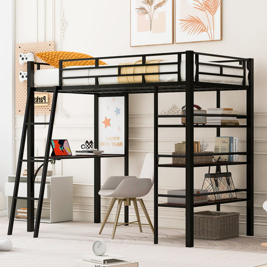 Loft Metal Bed With 3 Layers Of Shelves And Desk, Stylish Metal Frame Bed With Whiteboard