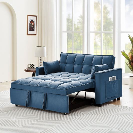 Modern Convertible Sleeper Sofa Couch With Pull Out Bed With Pillows & Side Pockets For Small Space, Living Room - Peacock Blue