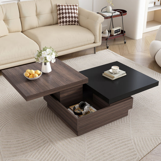 Rotatable Top Coffee Table, Modern Square Coffee Table With Wood Grain Design, 1 Hidden Storage Space For Living Room