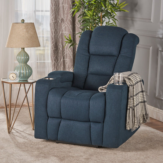 Wide - Power Standard Recliner Chair With Arm Storage With USB - Navy Blue