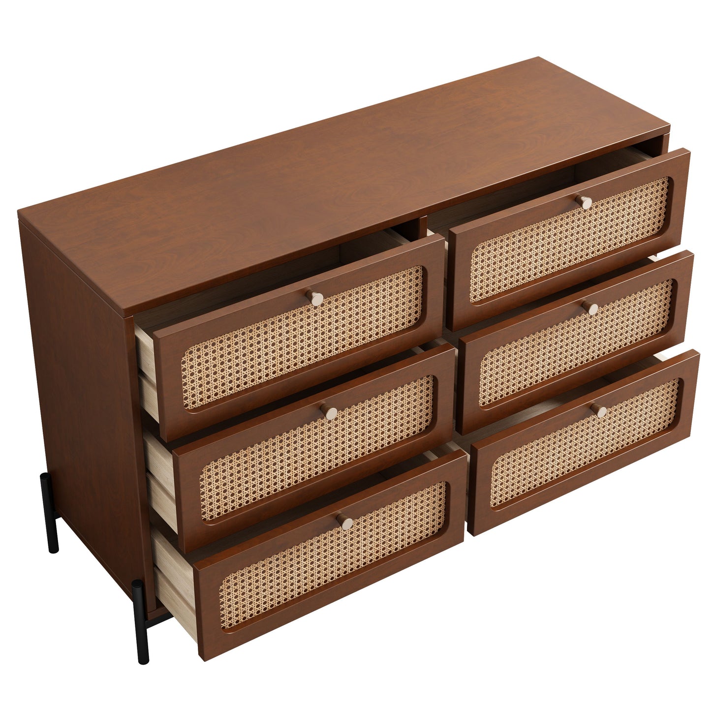 Modern Cannage Rattan Wood Closet 6 Drawer Dresser Wood Storage Cabinet Sideboard For Bedroom, Living Room, Entryway, Hallway