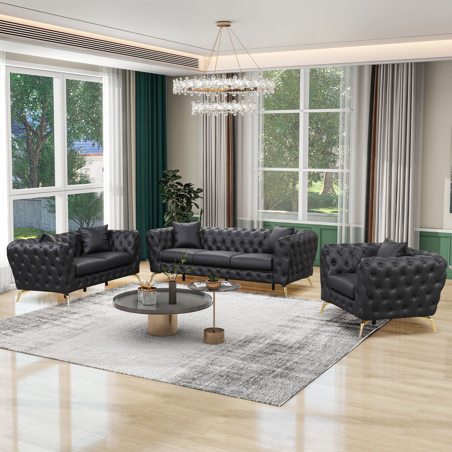 Modern 3 Piece Sofa Sets With Sturdy Metal Legs, Button Tufted Back, PU Upholstered Couches Sets Including Three Seat Sofa, Loveseat And Single Chair For Living Room Furniture Set - Black