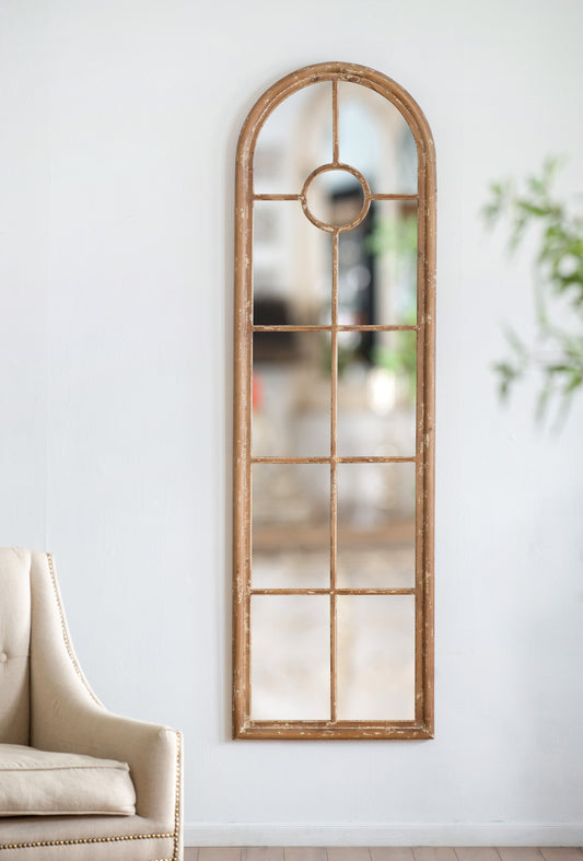 Half Round Elongated Mirror With Decorative Window Look Classic Architecture Style Solid Fir Wood Interior Decor - Brown