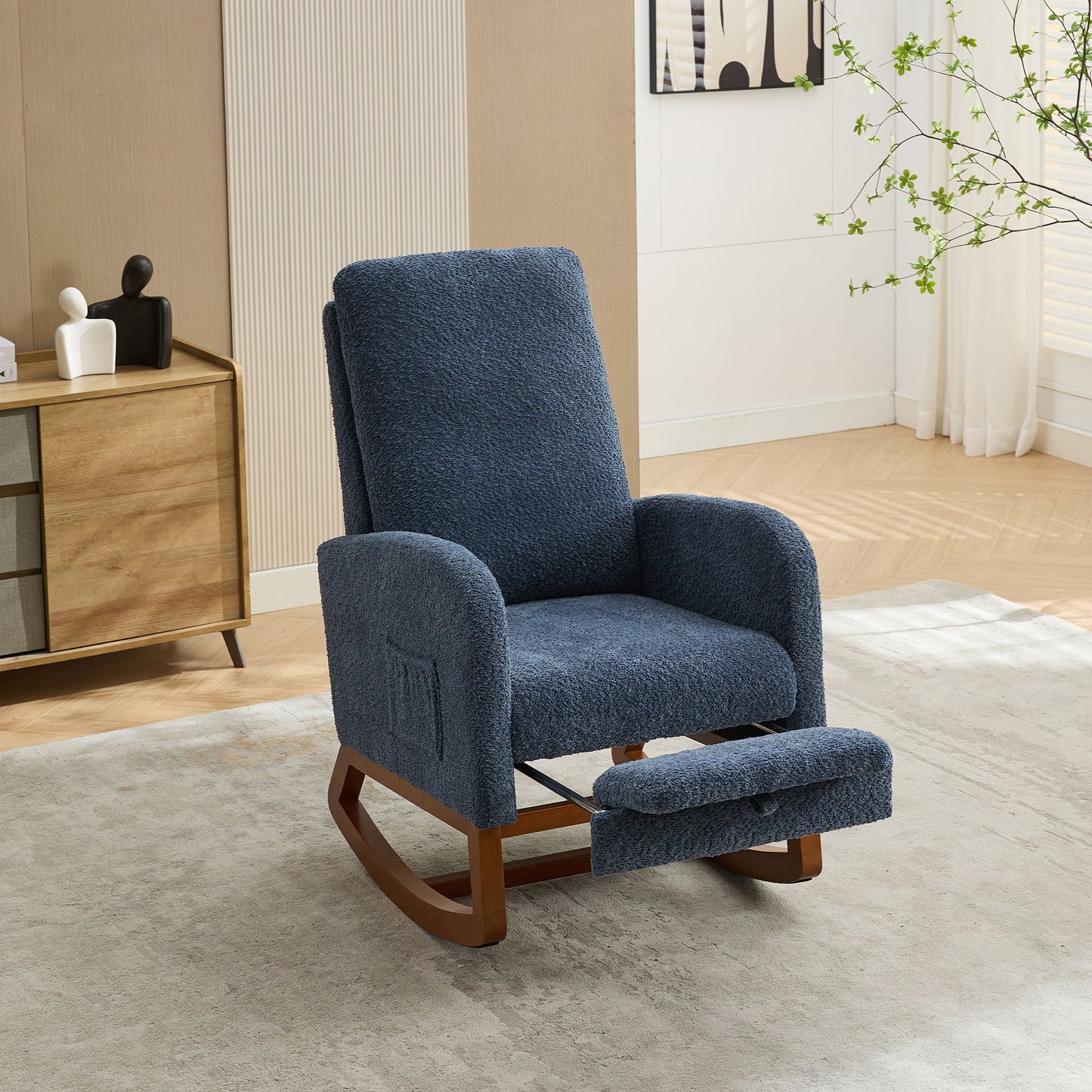 Rocking Chair For Nursery, High Back Glider Chair With Retractable Footrest, Side Pocket, Rocking Accent Armchair With Rubber Wood Legs For Living Room / Bedroom