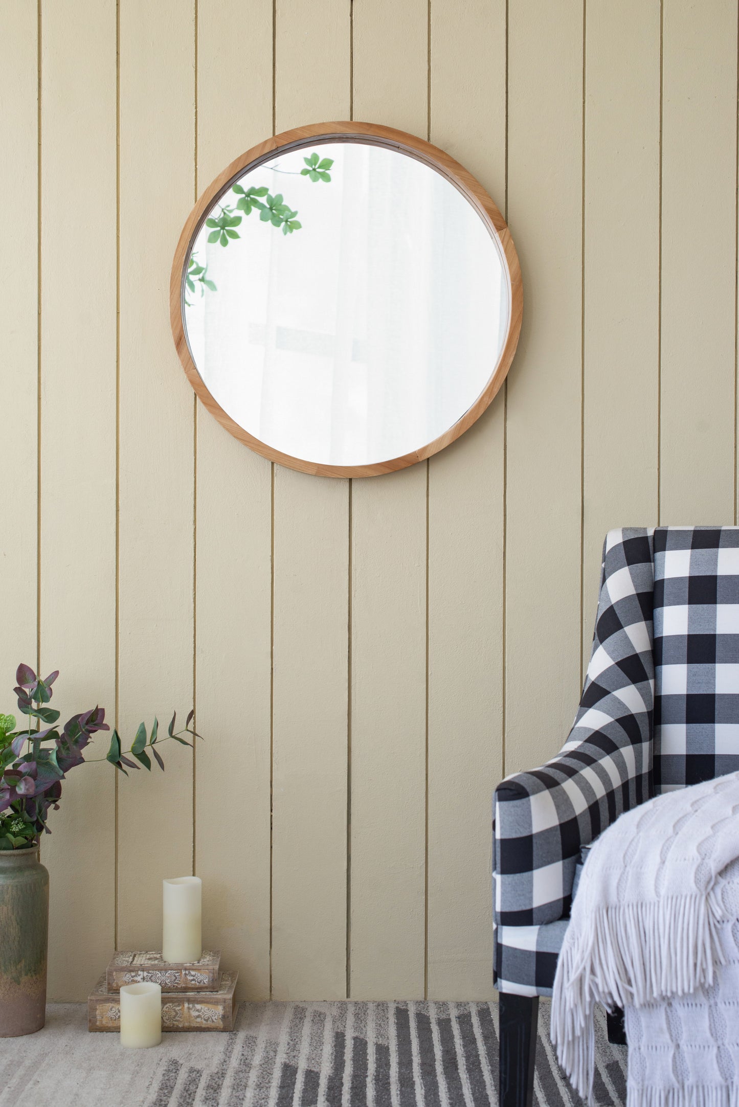 Wood Round Mirror, Farmhouse Decor Style Circle Wall Mirror For Living Room Bathroom Entryway - Brown