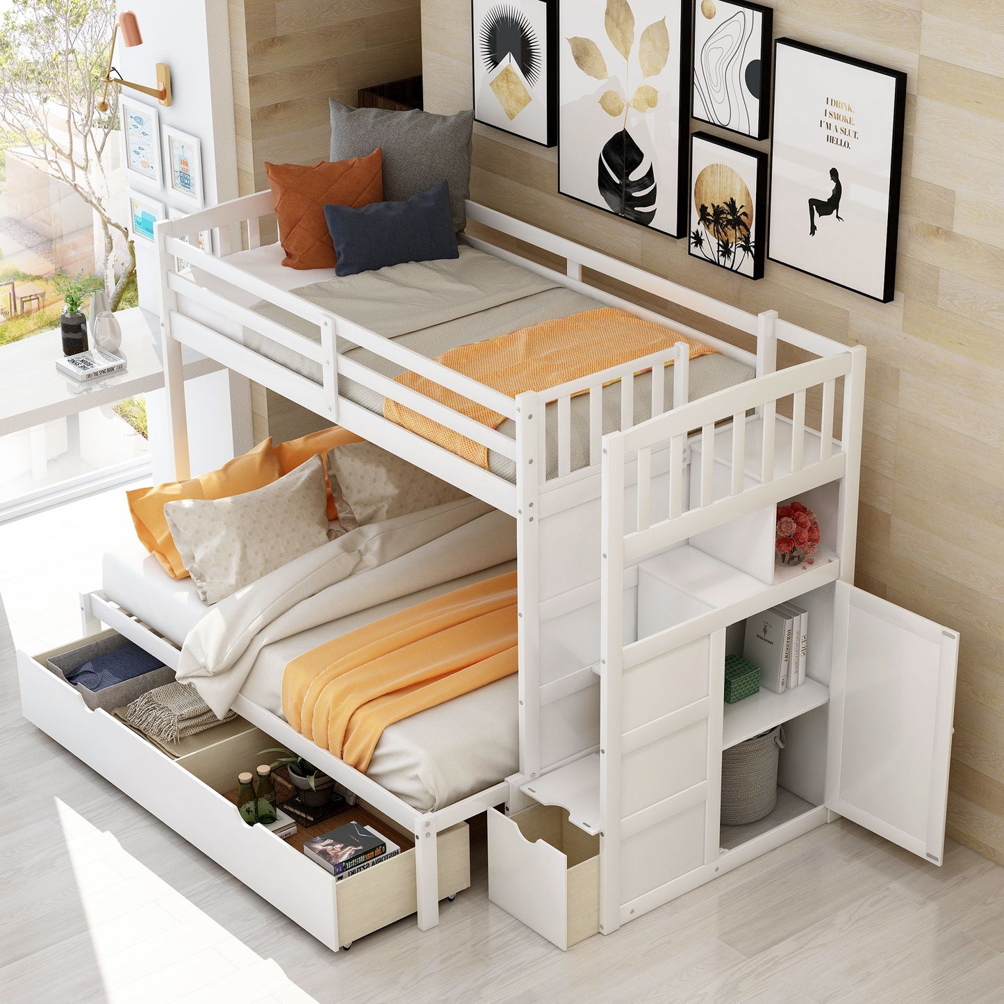 Bunk Bed, Convertible Bottom Bed, Storage Shelves And Drawers