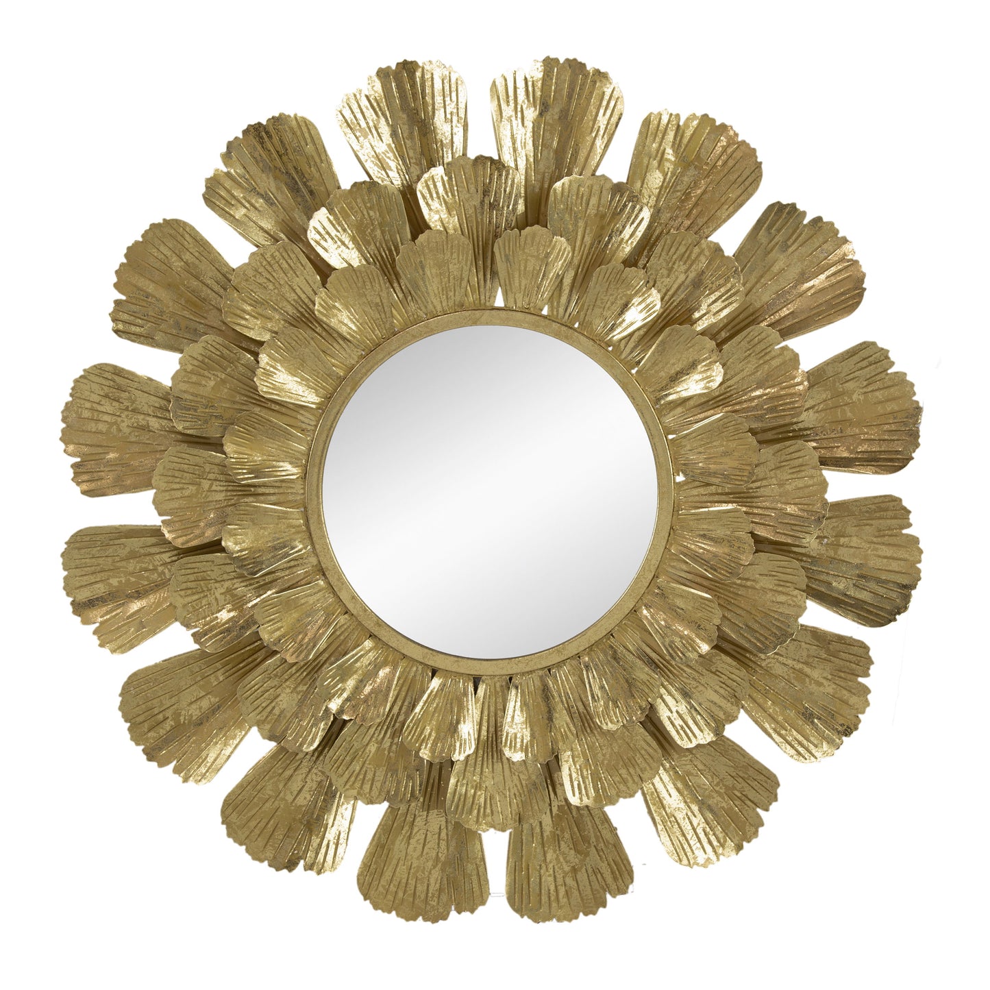 Round Metal Mirror With Trumpet Vine Motif - Gold