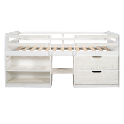 Twin Size Loft Bed With Two Shelves And Two Drawers