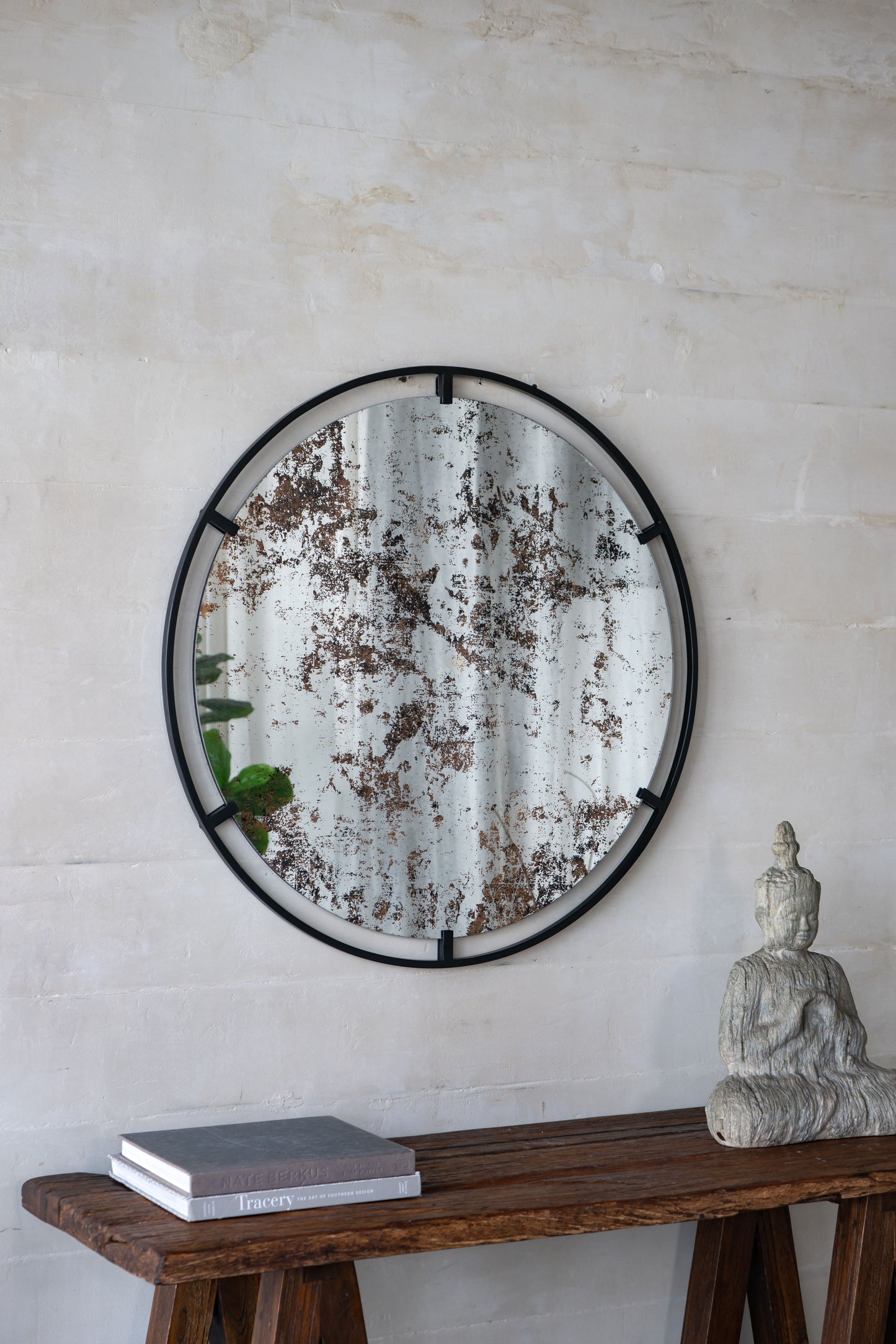 Theodor Mirror With Industrial Design Round Mirror With Metal Frame For Wall Decor & Entryway Console Lean Against Wall - Black