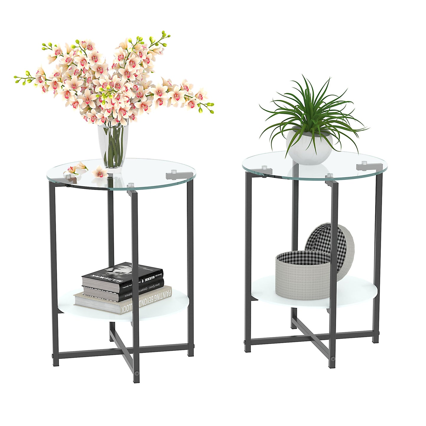 Jws-W241 Tempered Glass End Table (Set of 2) , Round Coffee Table For Bedroom Living Room Office - Black