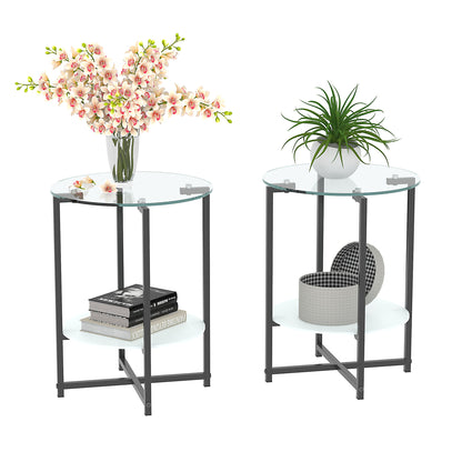 Jws-W241 Tempered Glass End Table (Set of 2) , Round Coffee Table For Bedroom Living Room Office - Black