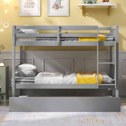 Twin Over Twin Bunk Beds With Trundle, Solid Wood Trundle Bed Frame With Safety Rail And Ladder, Kids / Teens Bedroom, Guest Room Furniture, Can Be Converted Into 2 Beds - Gray