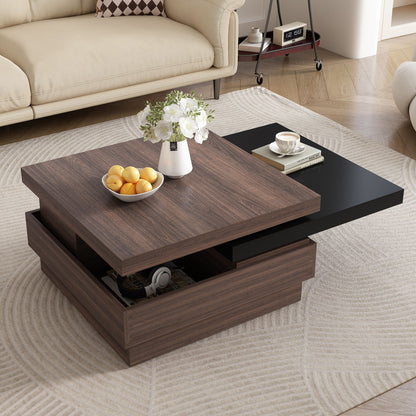 Rotatable Top Coffee Table, Modern Square Coffee Table With Wood Grain Design, 1 Hidden Storage Space For Living Room