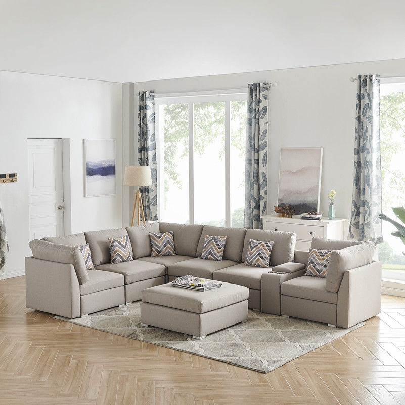 Lucy - Fabric Reversible Modular Sectional Sofa With Console And Ottoman - Beige