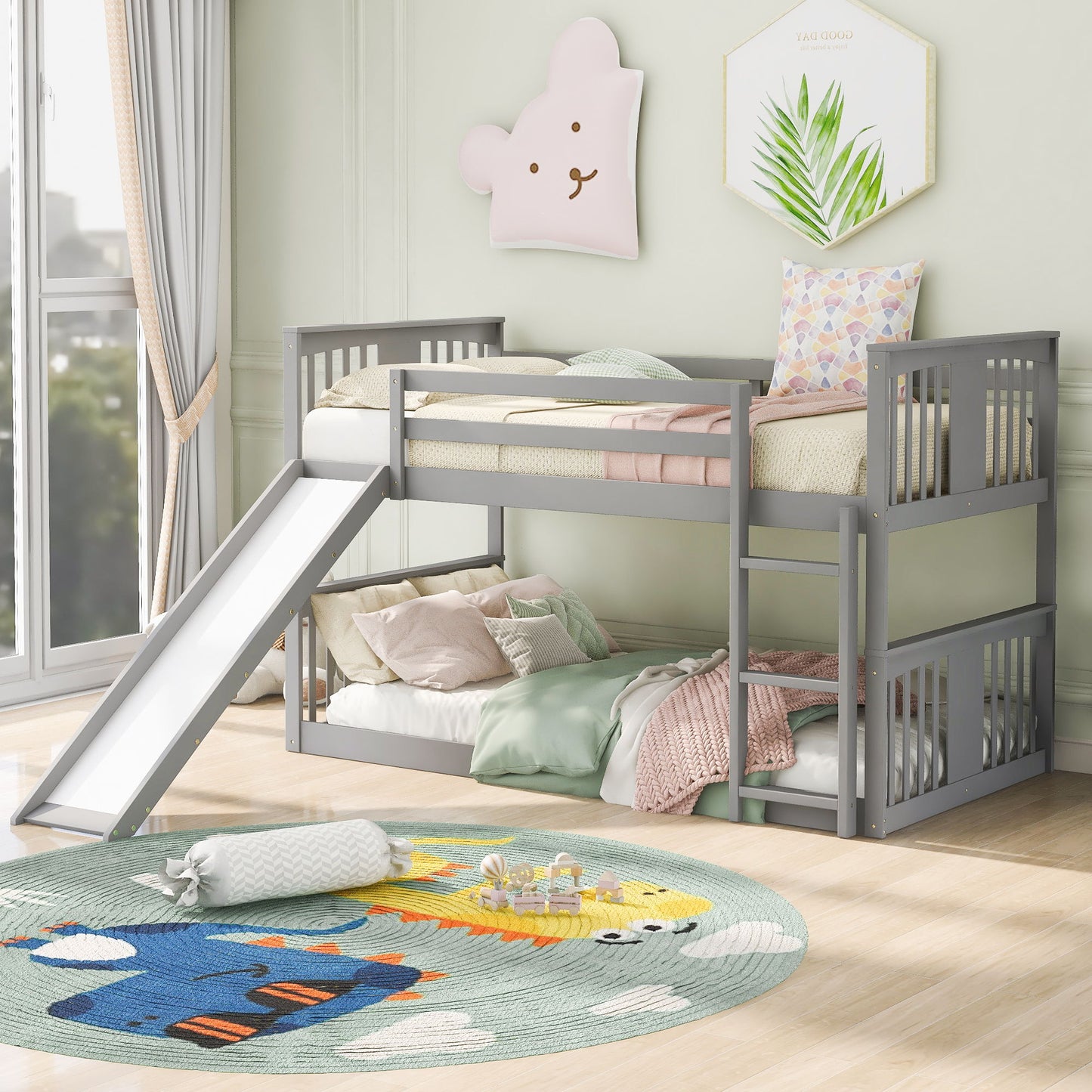 Twin Over Twin Bunk Bed With Slide And Ladder - Gray