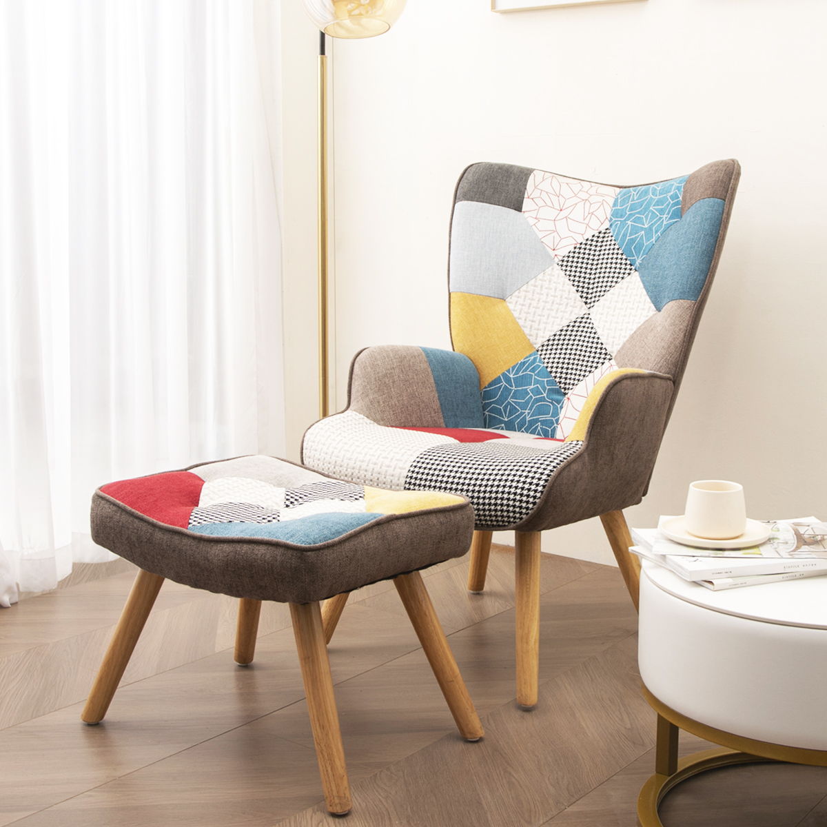 Accent Chair With Ottoman, Living Room Chair And Ottoman Set, Comfy Side Armchair For Bedroom, Creative Splicing Cloth Surface