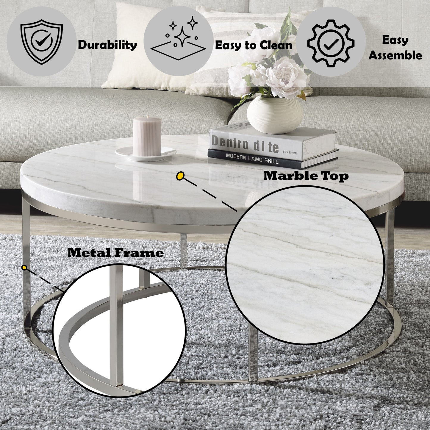 Zaidee - Mable Top Nickel Coffee Table - White