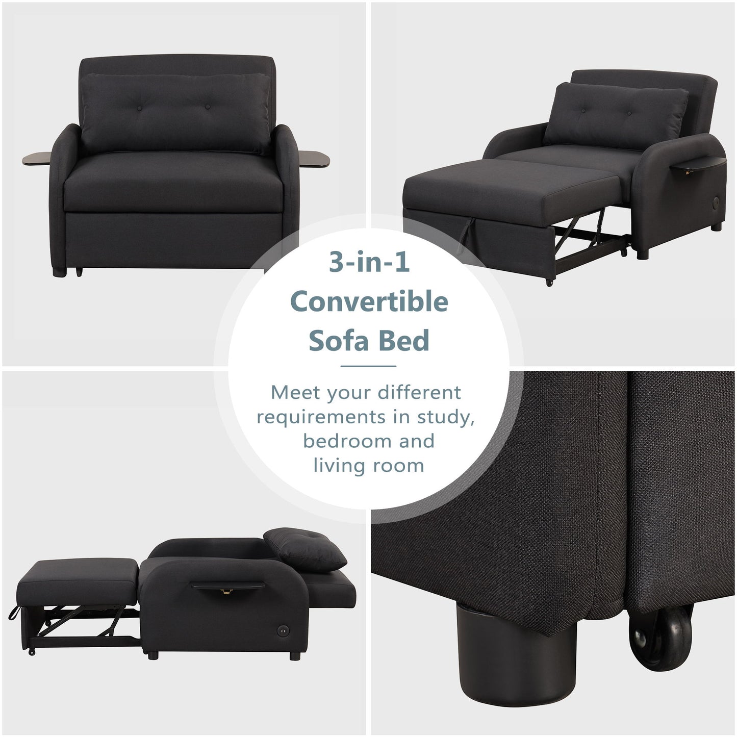 Pull Out Sofa Sleeper 3 In 1 With 2 Wing Table And USB Charge For Nap Line Fabric For Living Room Recreation Room