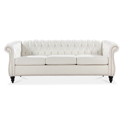 84.65" Rolled Arm Chesterfield 3 Seater Sofa - White