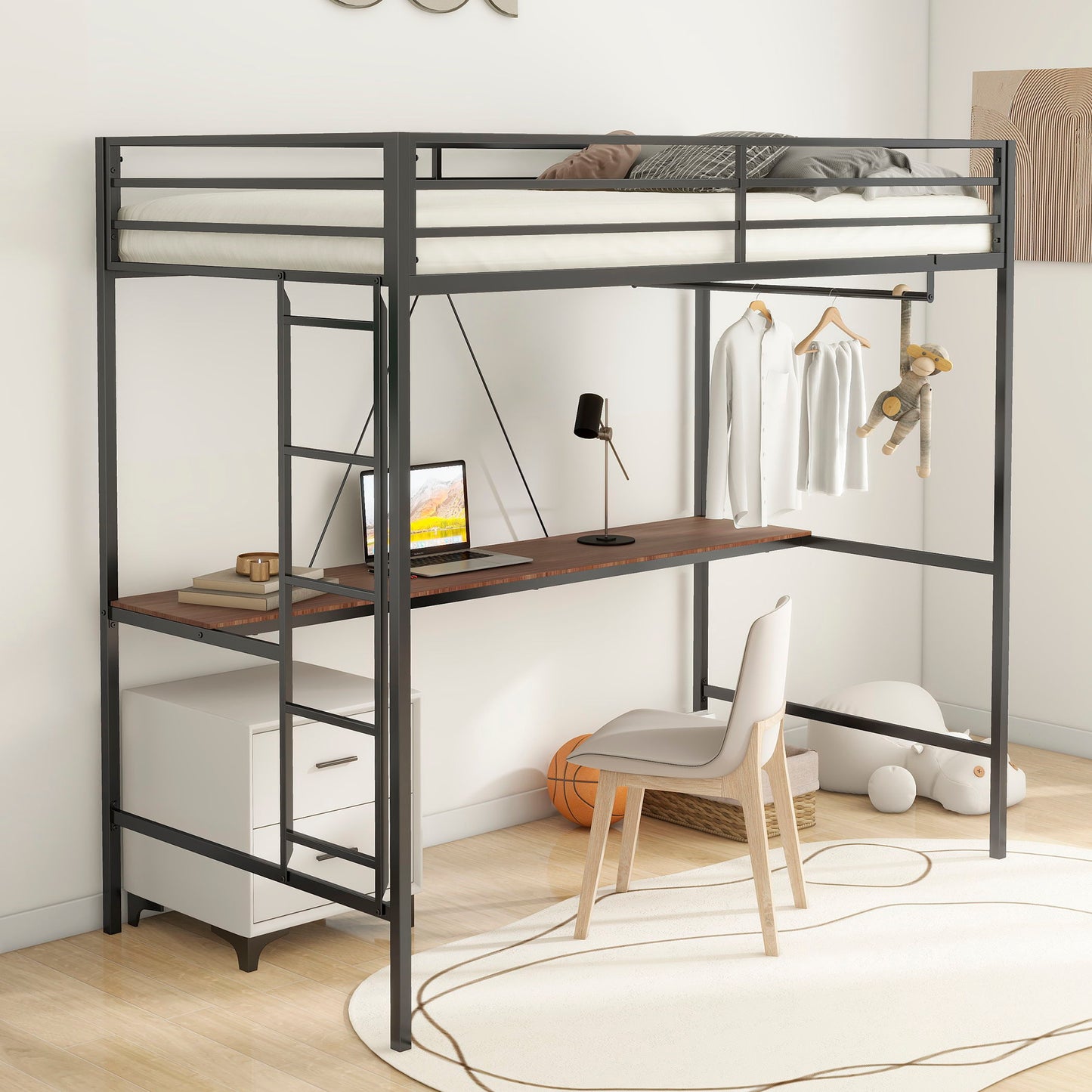 Adam - Twin Loft Bunk Bed With Cinnamon Wood Desk And Closet Rod - Black