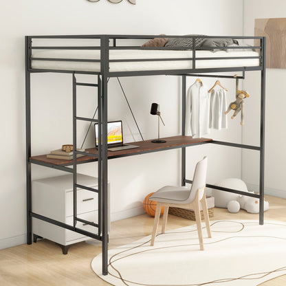 Adam - Twin Loft Bunk Bed With Cinnamon Wood Desk And Closet Rod - Black