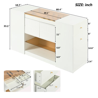 Modern Luxury Multi-Functional Island Vanity Dresser And Storage Cabinet With Glass Tabletop, Display Shelf, 6 Drawers For Walk In Wardrobe And Bedroom - Cream White