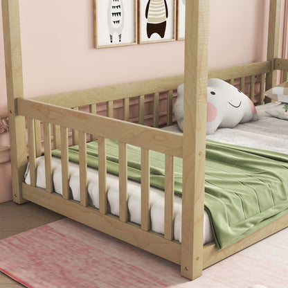 Canopy Frame Floor Bed With Fence, Guardrails