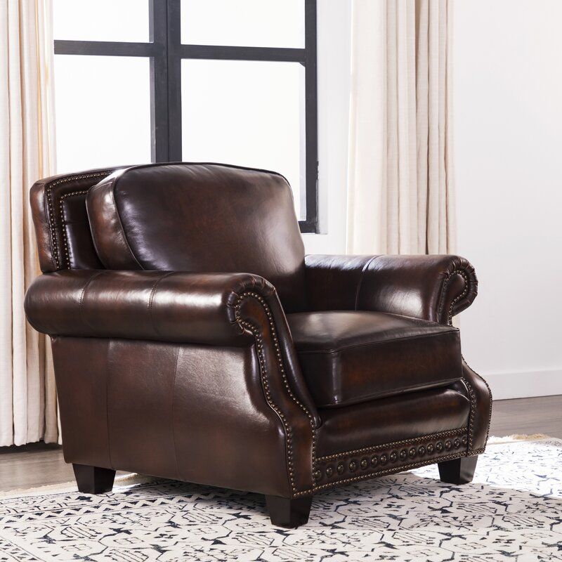 Traditional Roll Arm Nailhead Leather Chair - Brown