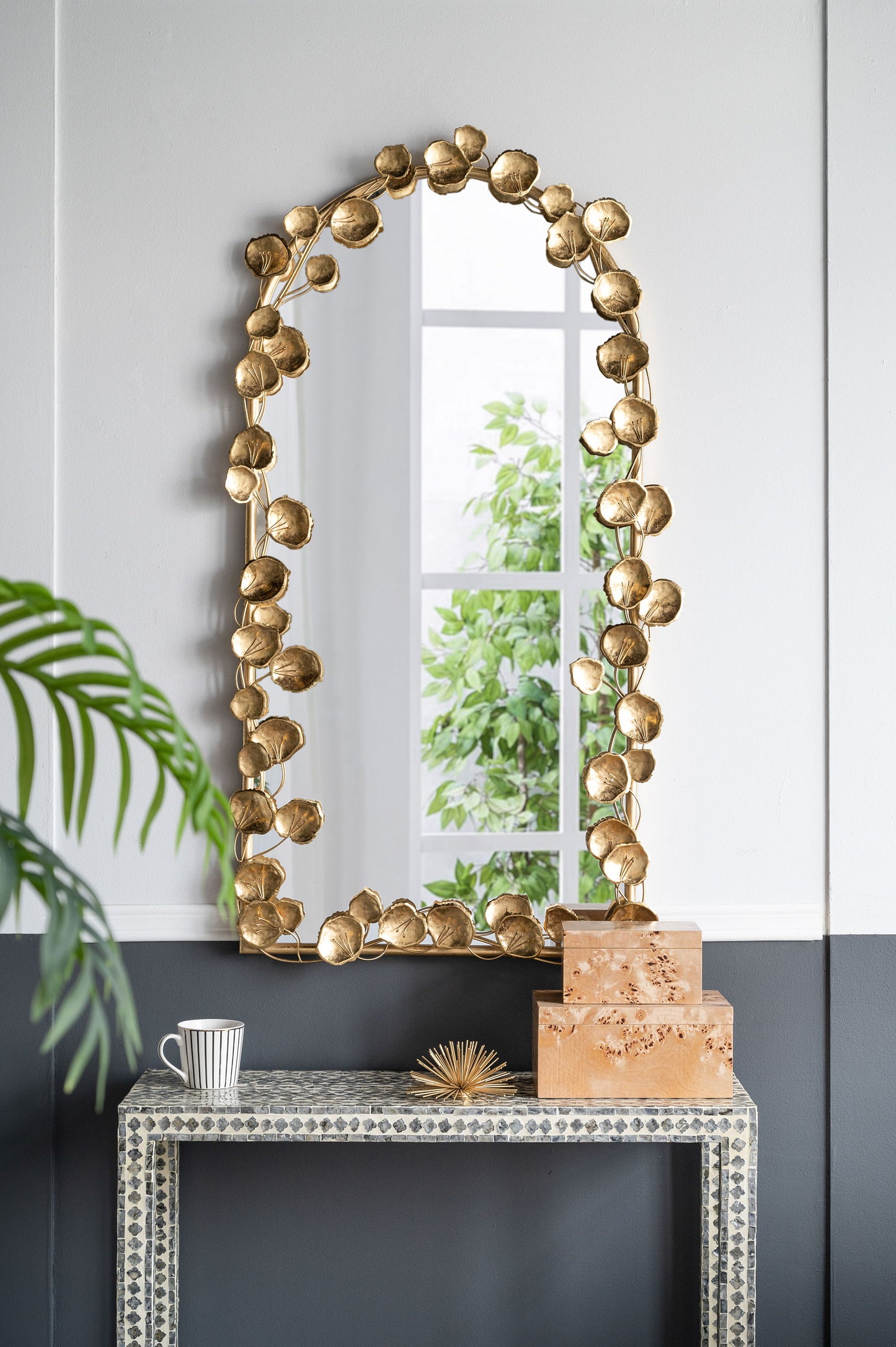 Full Length Arched Wall Mirror With Leaf Accents, Decorative Mirror For Living Room Bedroom - Golden