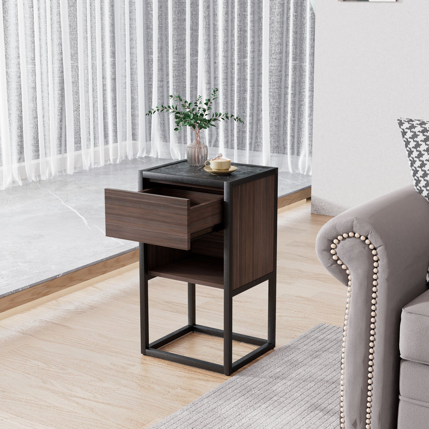 Armando Living Room Side Cabinet, Corner Cabinet, Bedroom Night Stand - Dark Brown / Black